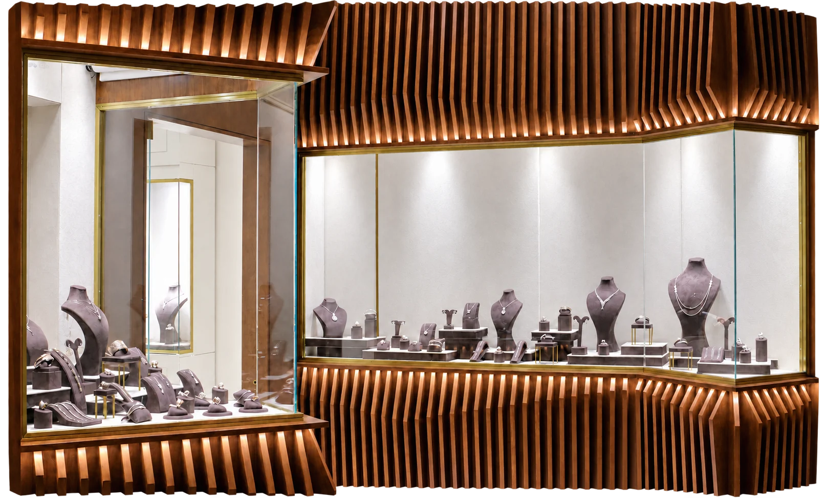 Elie Hallak jewellery boutique in Damascus, with illuminated window displays framed by sculpted timber fins